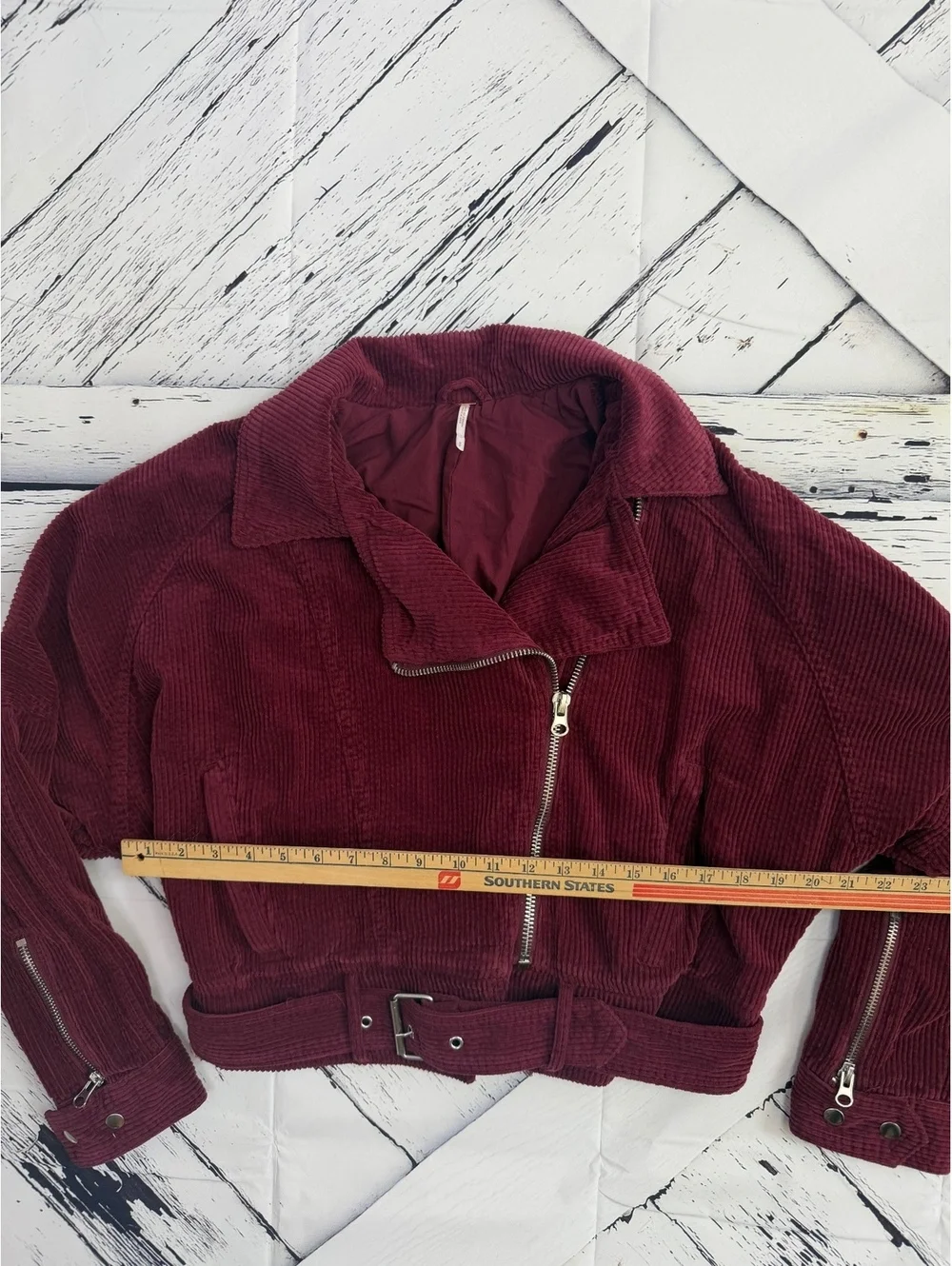 Free People Burgundy Corduroy Belted Cropped Moto Boho Chic Jacket Women Small